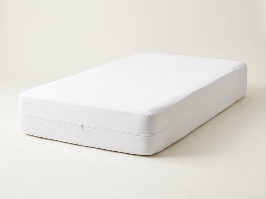 Matelas enfermé dans une housse blanche zippée