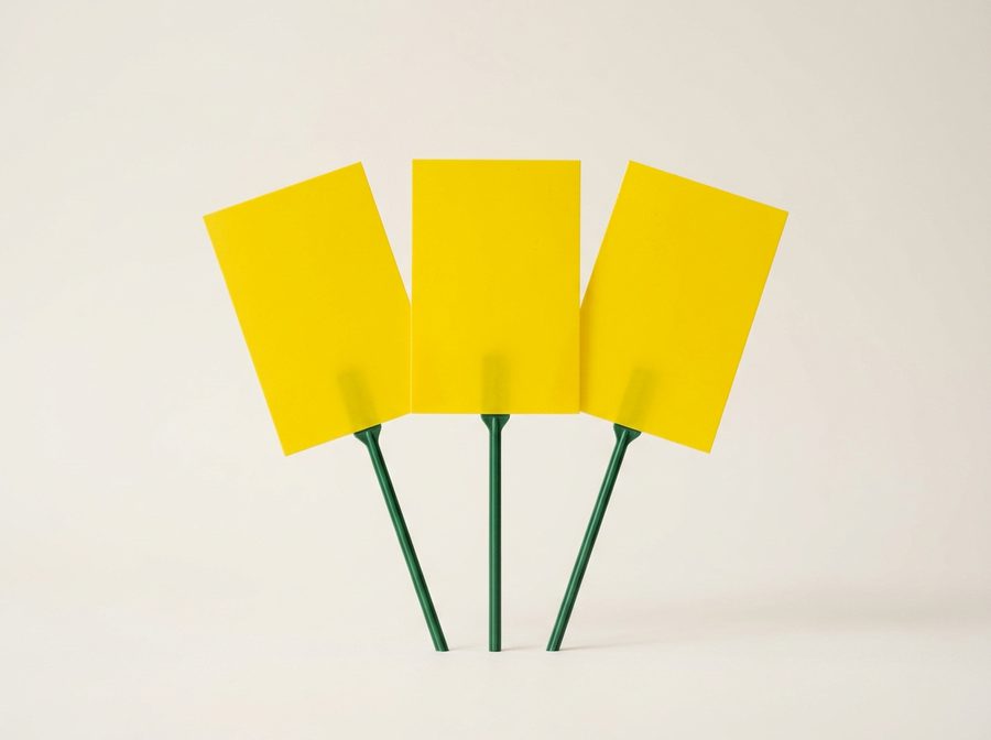 Plaques collantes jaunes sur tuteurs