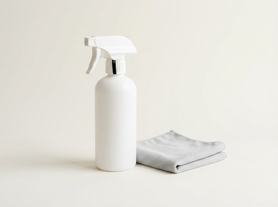 Flacon pulvérisateur blanc sans étiquette et chiffon microfibre